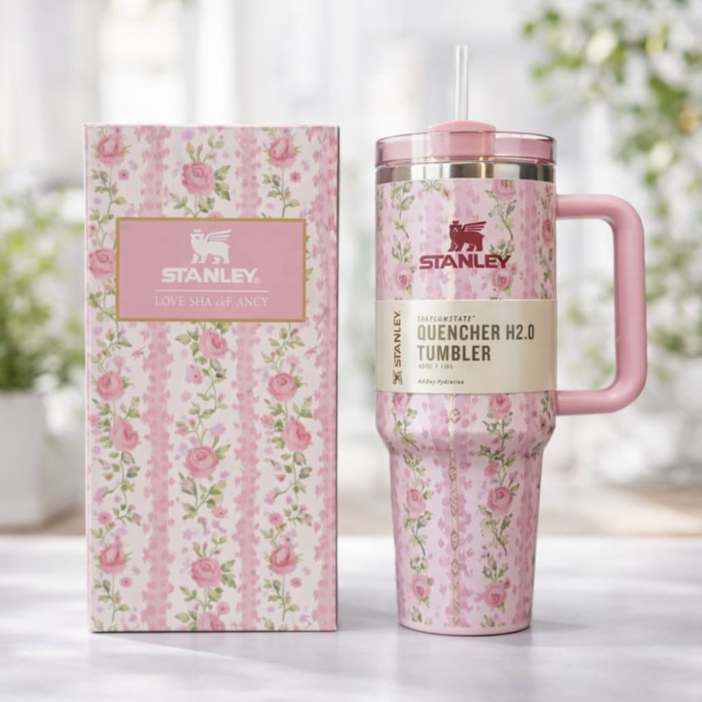 40oz Floral Stanley Style Tumbler with Handle | Aesthetic Flower Travel Mug - Ashcart