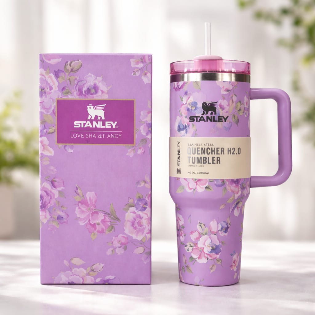 40oz Floral Stanley Style Tumbler with Handle | Aesthetic Flower Travel Mug - Ashcart