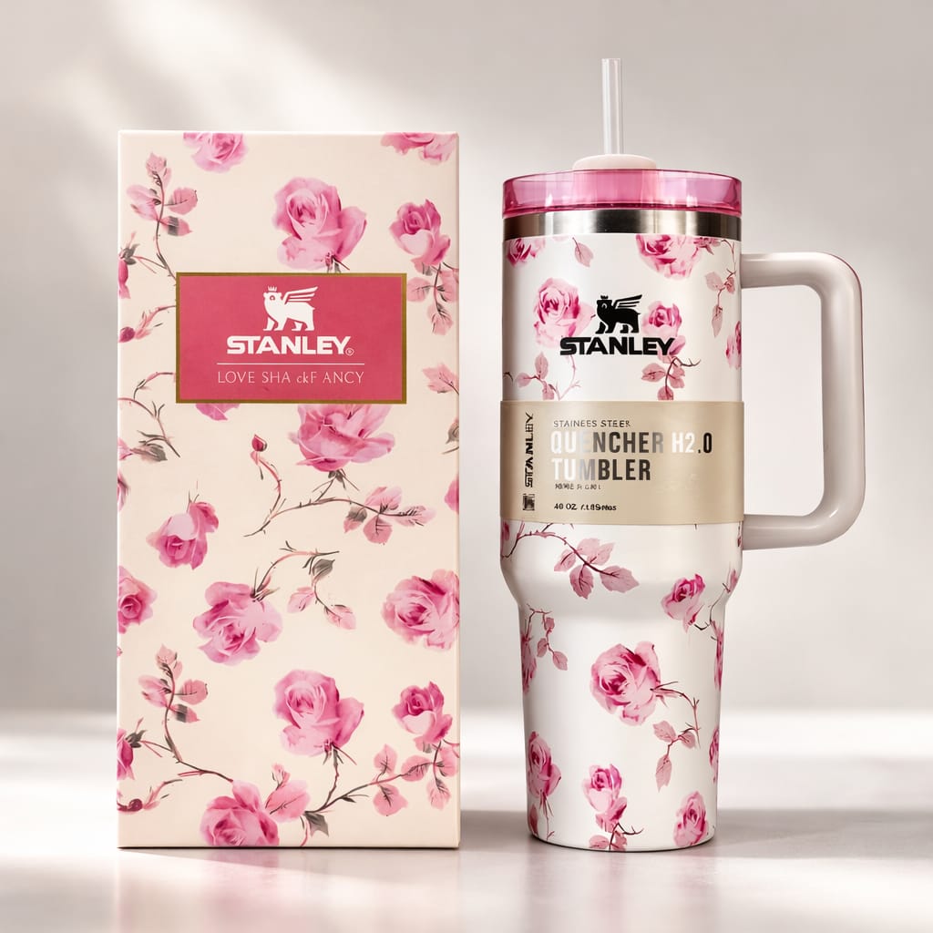 40oz Floral Stanley Style Tumbler with Handle | Aesthetic Flower Travel Mug - Ashcart