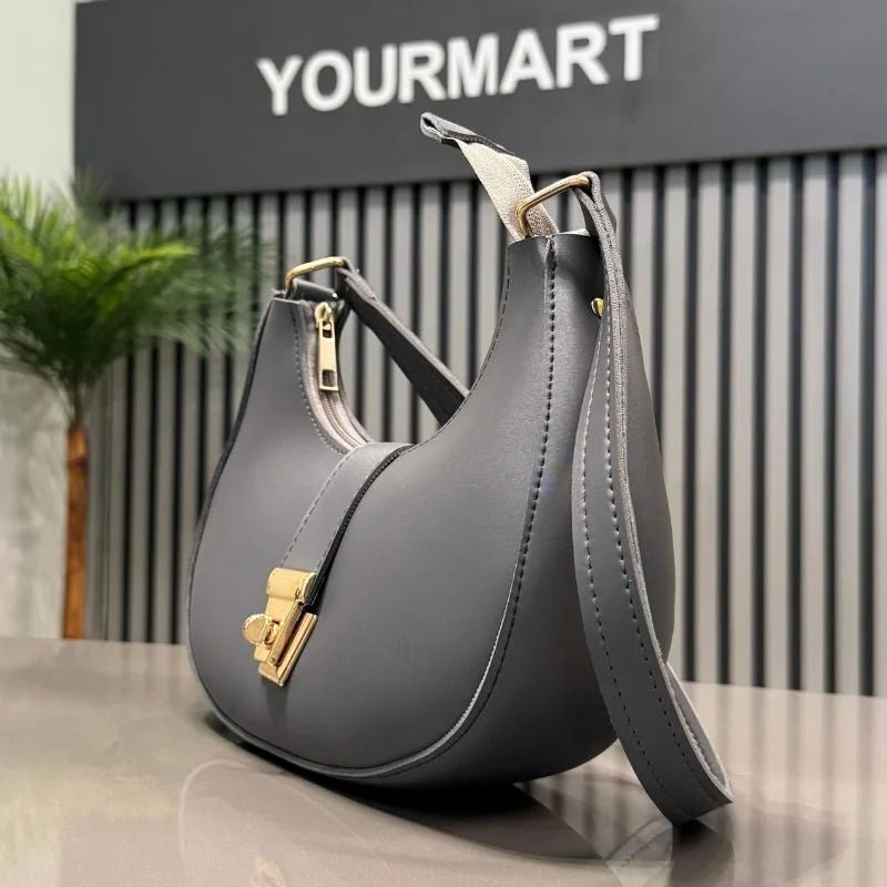 Crescent Luxury Faux Leather Shoulder Bag | Dark Gray Handbag for Women - Ashcart