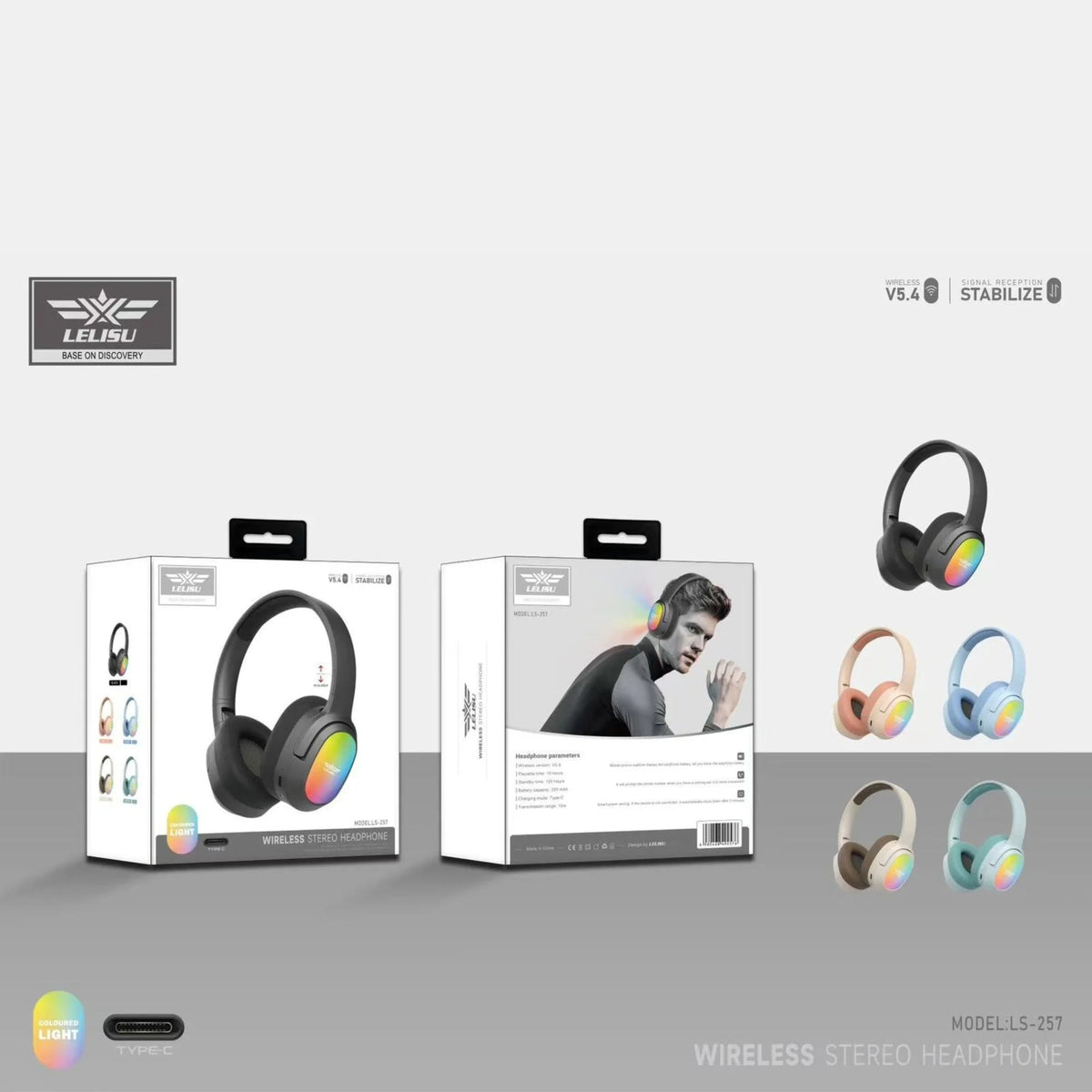Lelisu LS-257 Stereo Headphones - Premium RGB LED Wireless Headset with Type-C - Ashcart