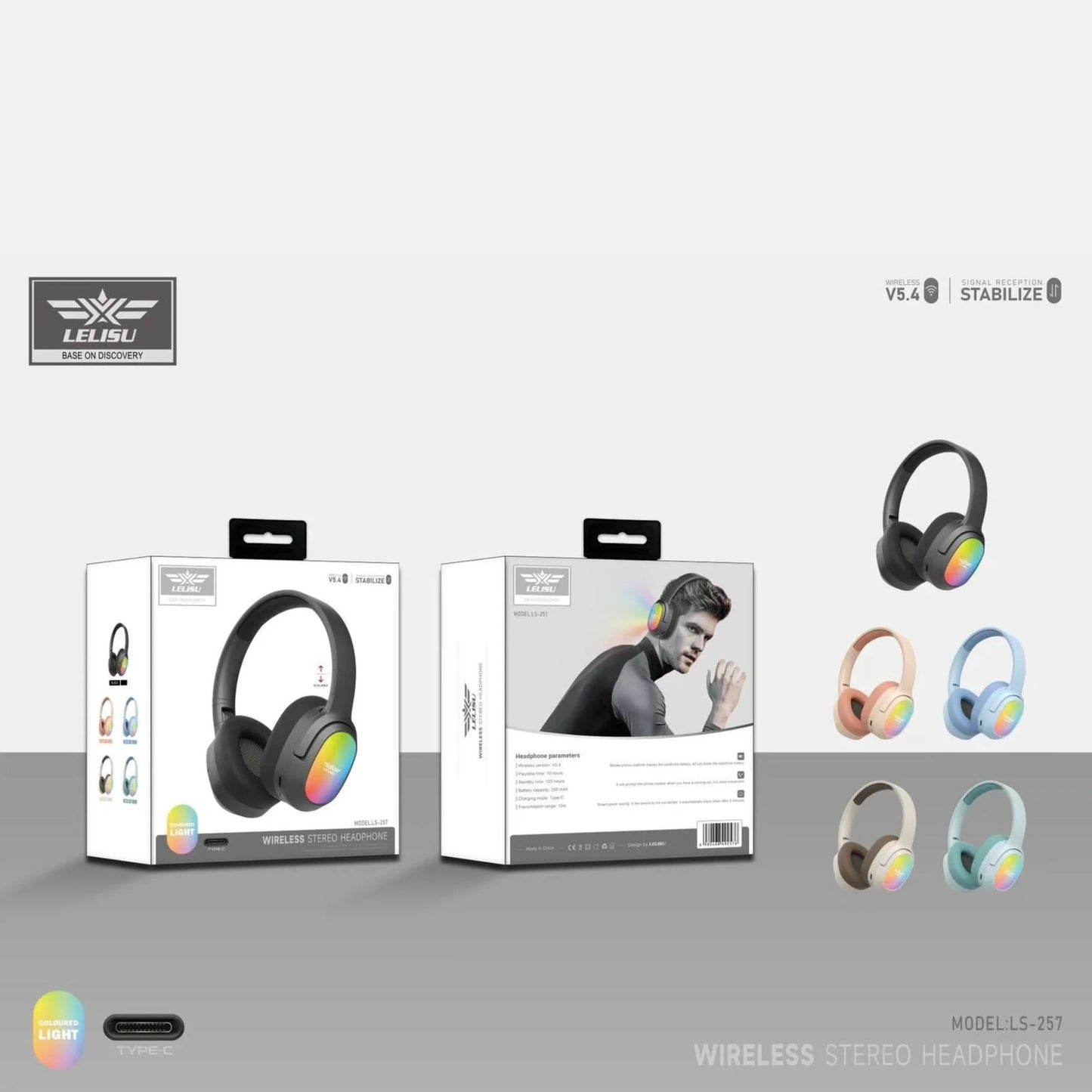 Lelisu LS-257 Stereo Headphones - Premium RGB LED Wireless Headset with Type-C