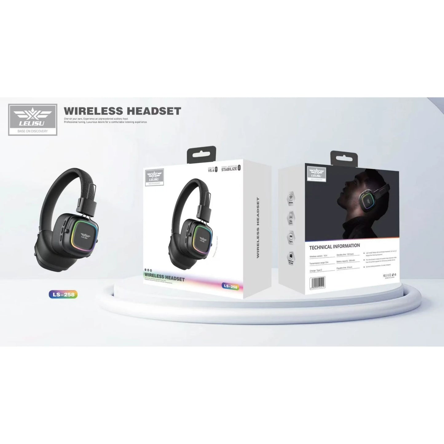 Lelisu LS-258 Stereo Headphones - Premium RGB LED Wireless Headset with Type-C
