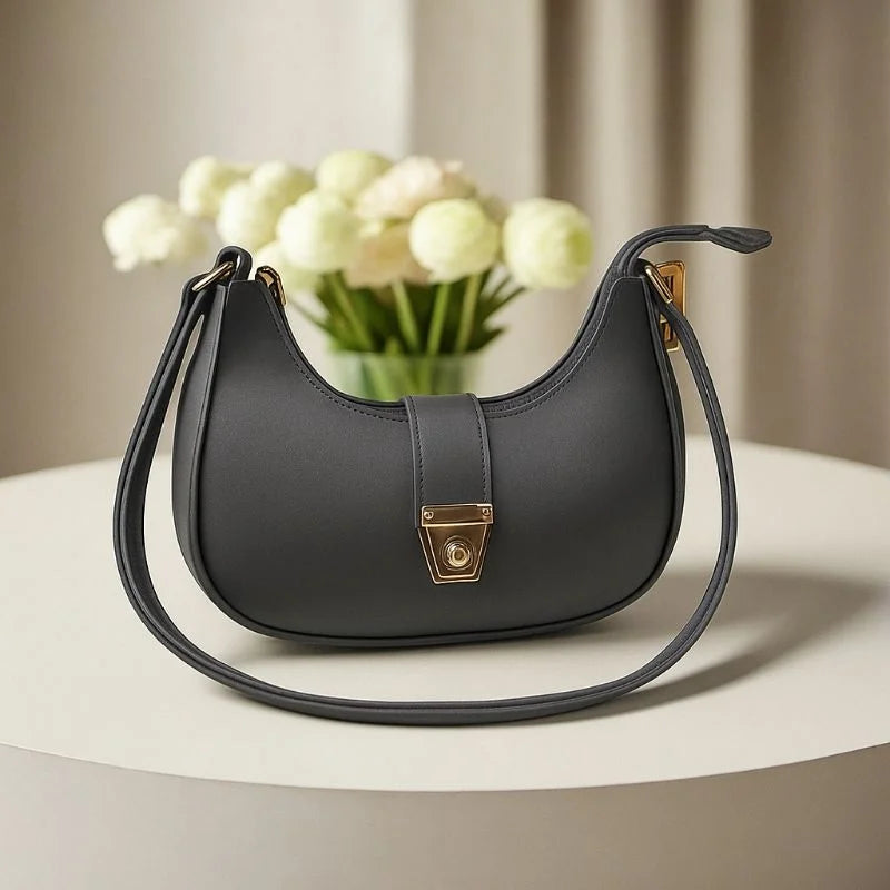 Crescent Luxury Faux Leather Shoulder Bag | Dark Gray Handbag for Women